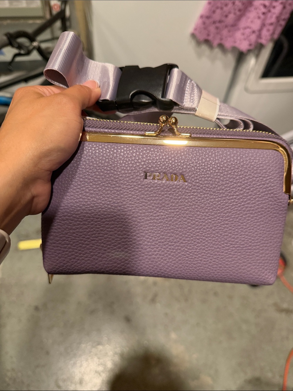 PRADA Lilac Pebbled Leather Mini Crossbody with Gold Trim